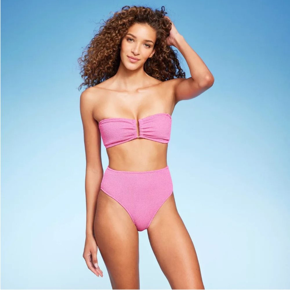 NWT Shade and Shore Pink Bikini Set Bandeau Top Pucker High Waist Bottoms Small